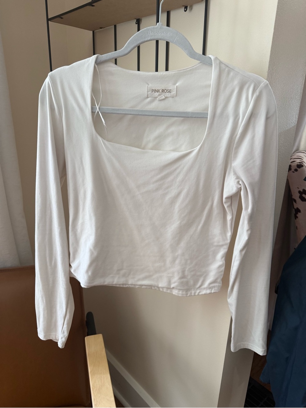 Pink Rose White Long Sleeve Square Neck Top